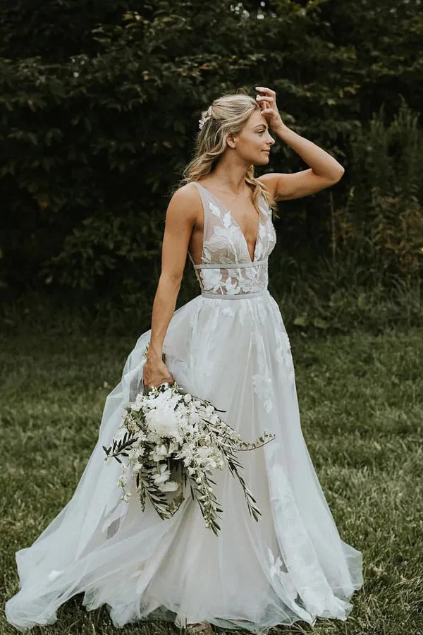 Elegant V Neck See Through Ivory Wedding Dress With Lace Appliques