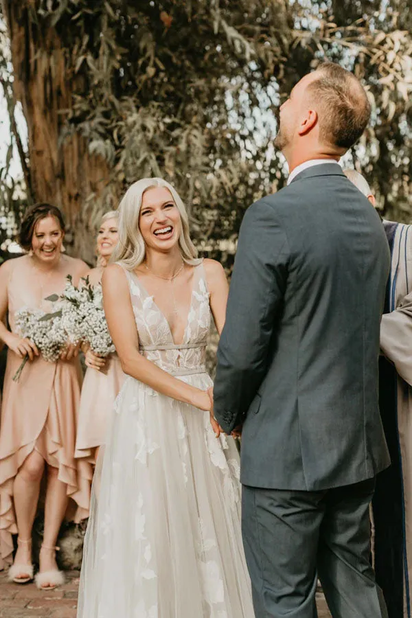 Elegant V Neck See Through Ivory Wedding Dress With Lace Appliques