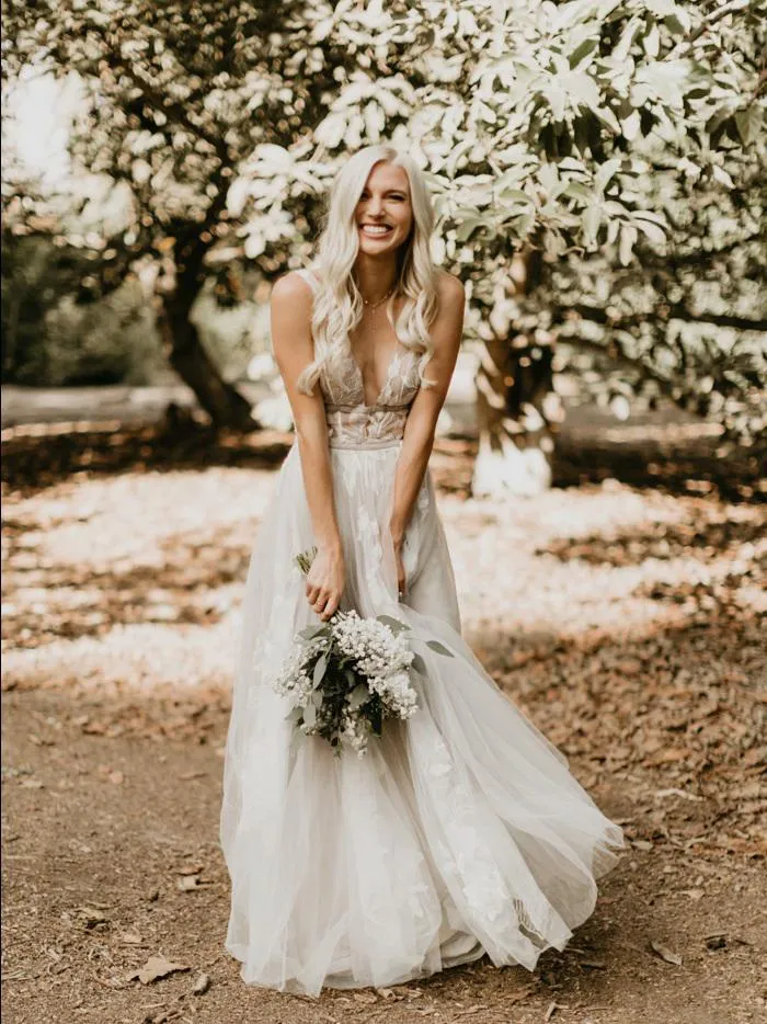 Elegant V Neck See Through Ivory Wedding Dress With Lace Appliques