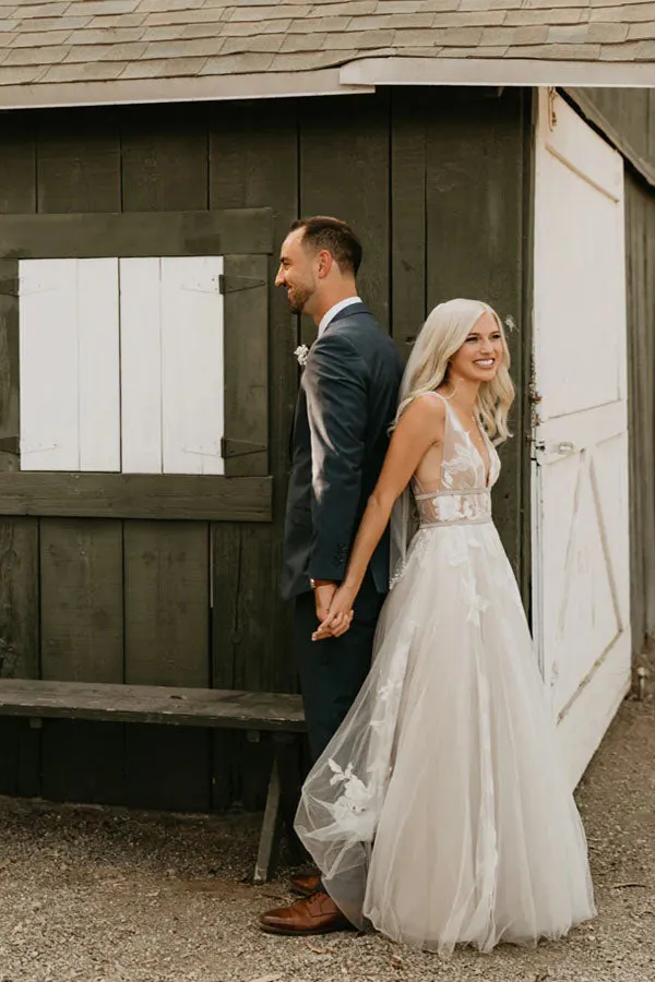 Elegant V Neck See Through Ivory Wedding Dress With Lace Appliques