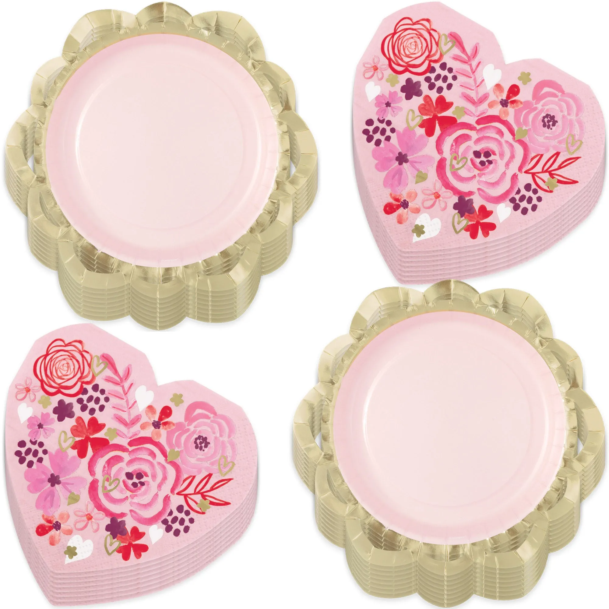 Elegant Valentine's Party Lace Trimmed Pink and Metallic Gold Paper Dinner Plates and Heart Shaped Floral Lunch Napkins (Serves 16)