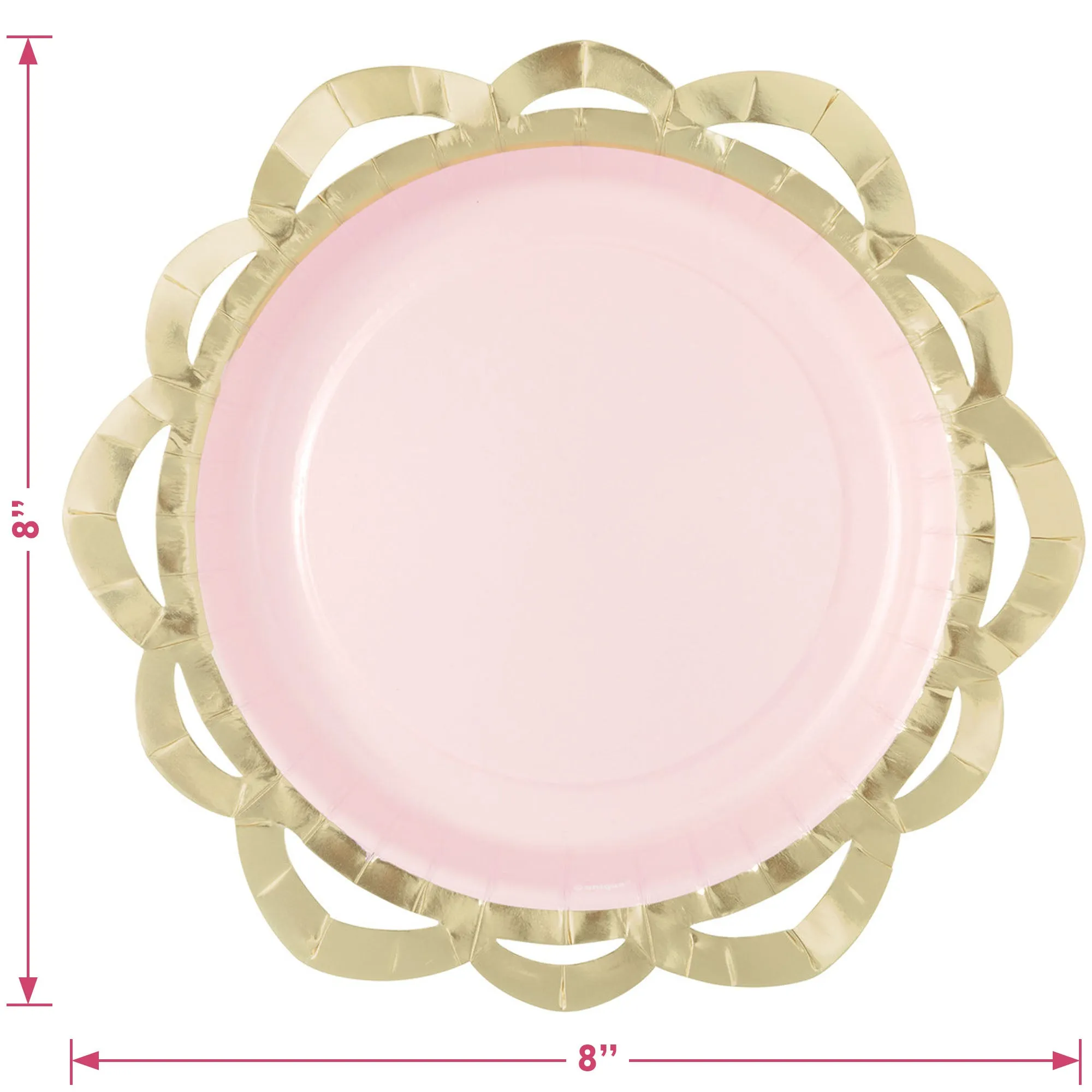 Elegant Valentine's Party Lace Trimmed Pink and Metallic Gold Paper Dinner Plates and Heart Shaped Floral Lunch Napkins (Serves 16)