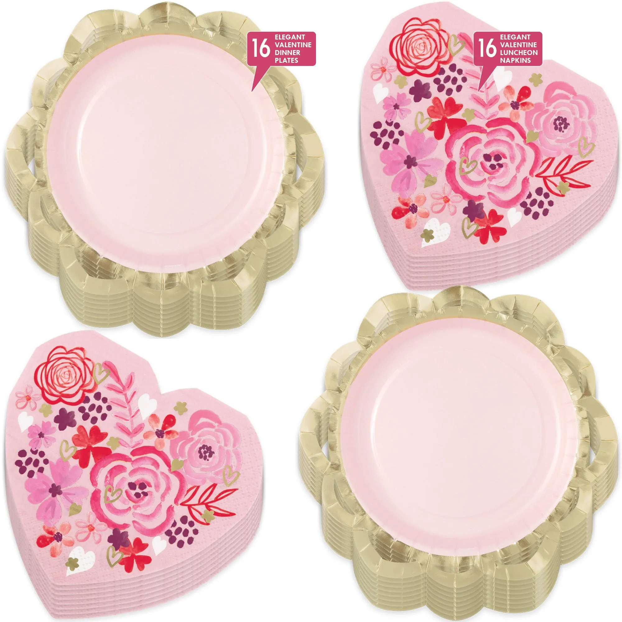 Elegant Valentine's Party Lace Trimmed Pink and Metallic Gold Paper Dinner Plates and Heart Shaped Floral Lunch Napkins (Serves 16)