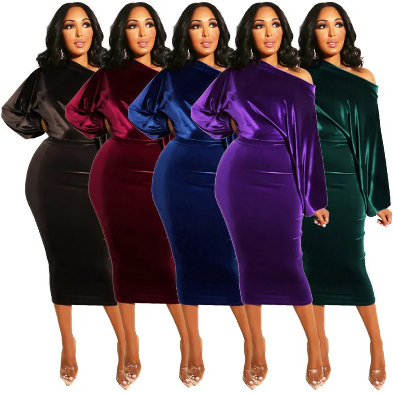 Elegant Velvet One Shoulder Bodycon Midi Dress for Women