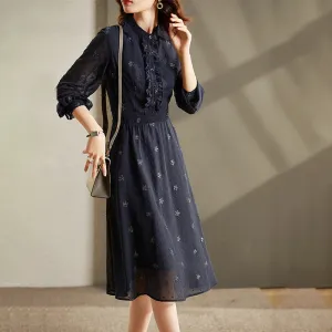 Elegant Vintage A-line Midi Long Sleeve Dress for Women