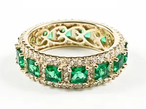 Elegant Vintage Green CZ Gold Tone Eternity Silver Band Ring