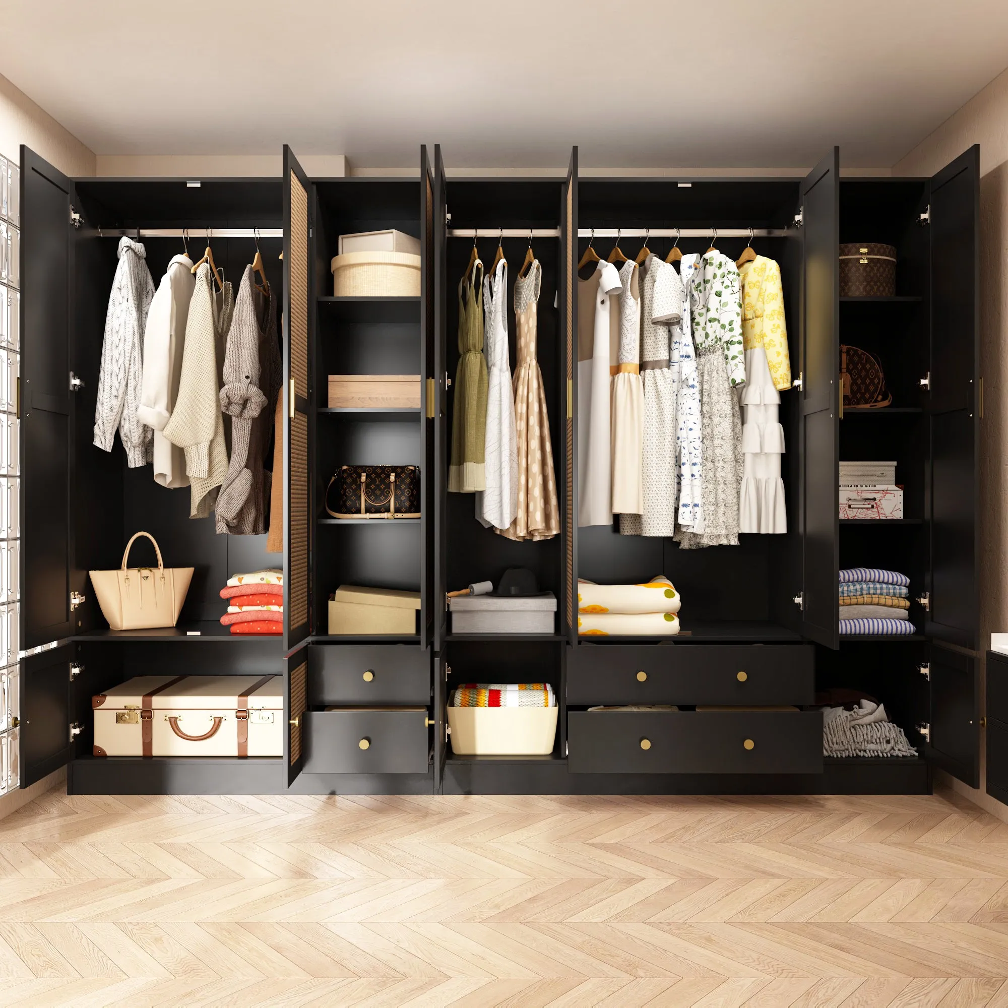 Elegant Wardrobe and Armoire with Rattan Accents