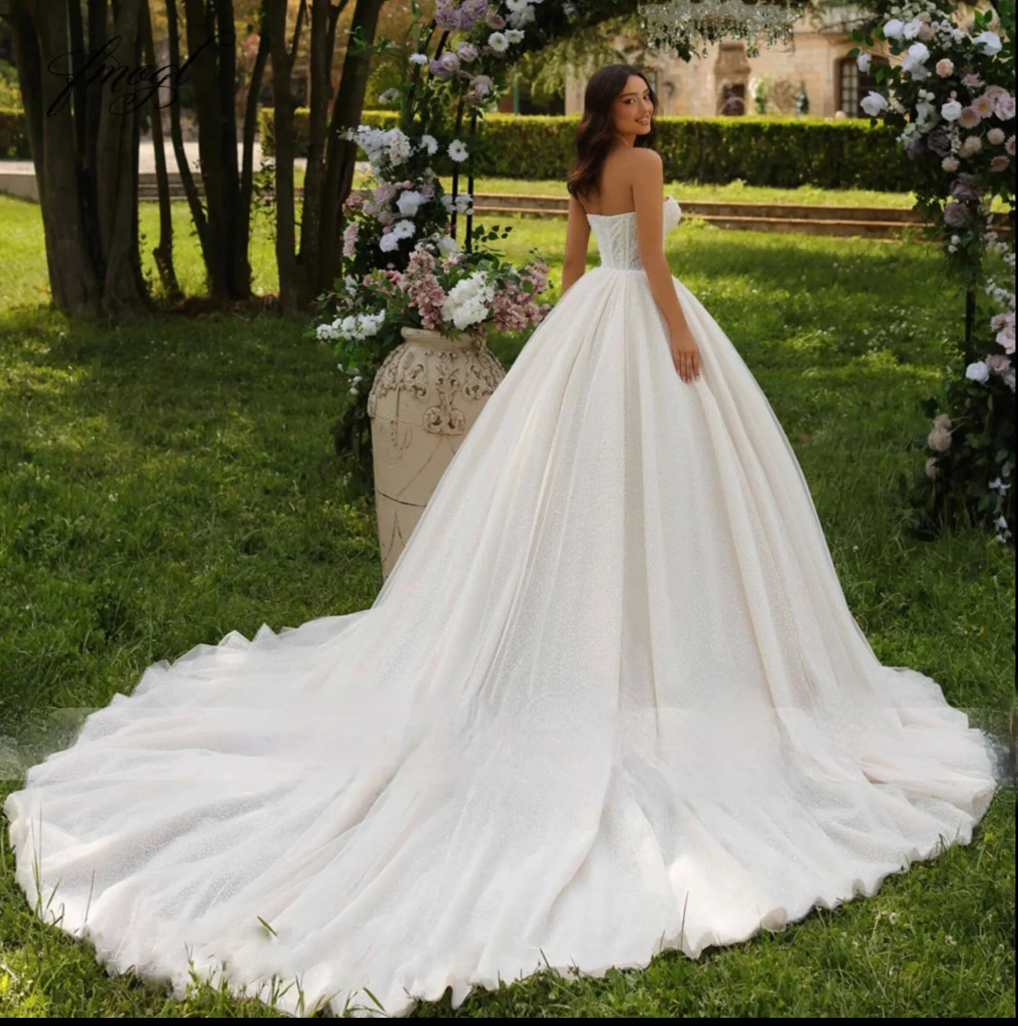 Elegant Wedding Dresses Strapless Detachable Long Sleeve Beaded Corset Style Bridal Gown