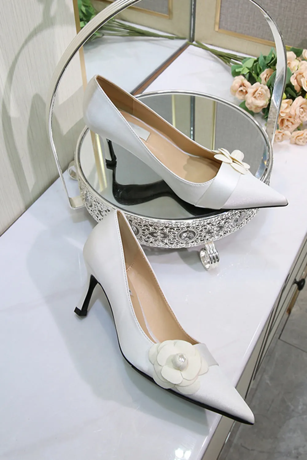 Elegant White Camellia Wedding Shoes