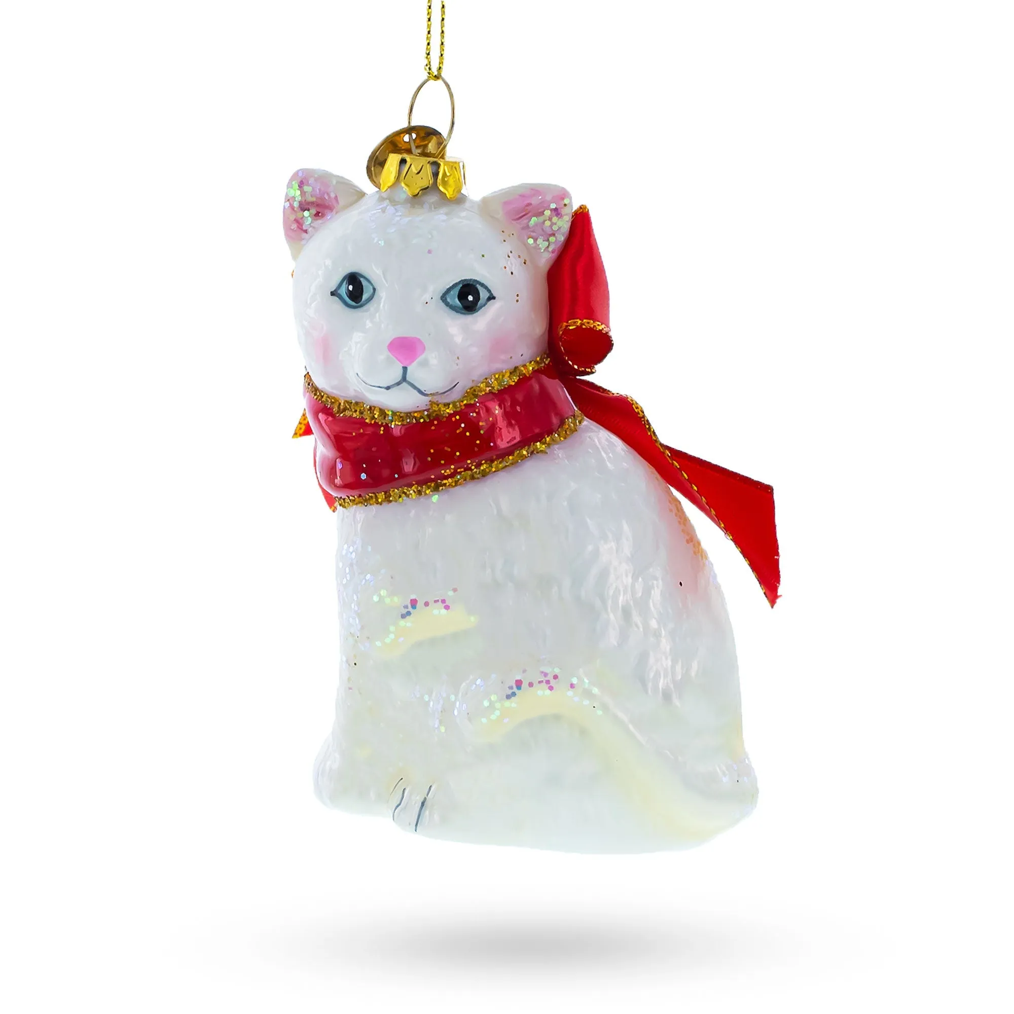 Elegant White Persian Cat - Blown Glass Christmas Ornament