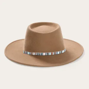 Elegant Wide-Brim Light Brown Hat With Multicolor Stripe Band and Metal Buckle