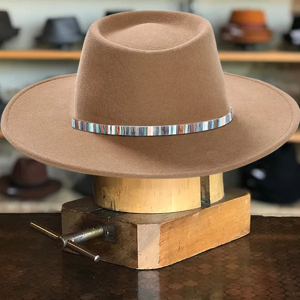 Elegant Wide-Brim Light Brown Hat With Multicolor Stripe Band and Metal Buckle