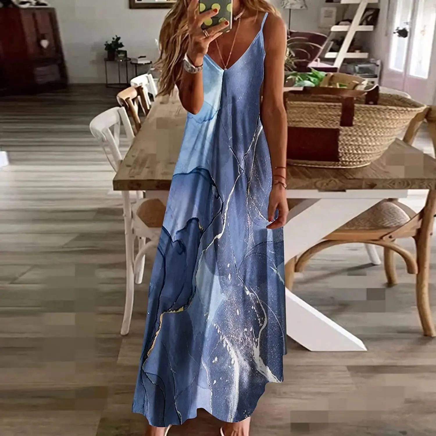 Elegant Women's Sexy Strap Dresses Flower 2023 Summer Print Loose Comfortable V-Neck Long Dress Vesido Mujer Female Robe S-5XL