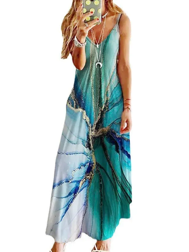 Elegant Women's Sexy Strap Dresses Flower 2023 Summer Print Loose Comfortable V-Neck Long Dress Vesido Mujer Female Robe S-5XL