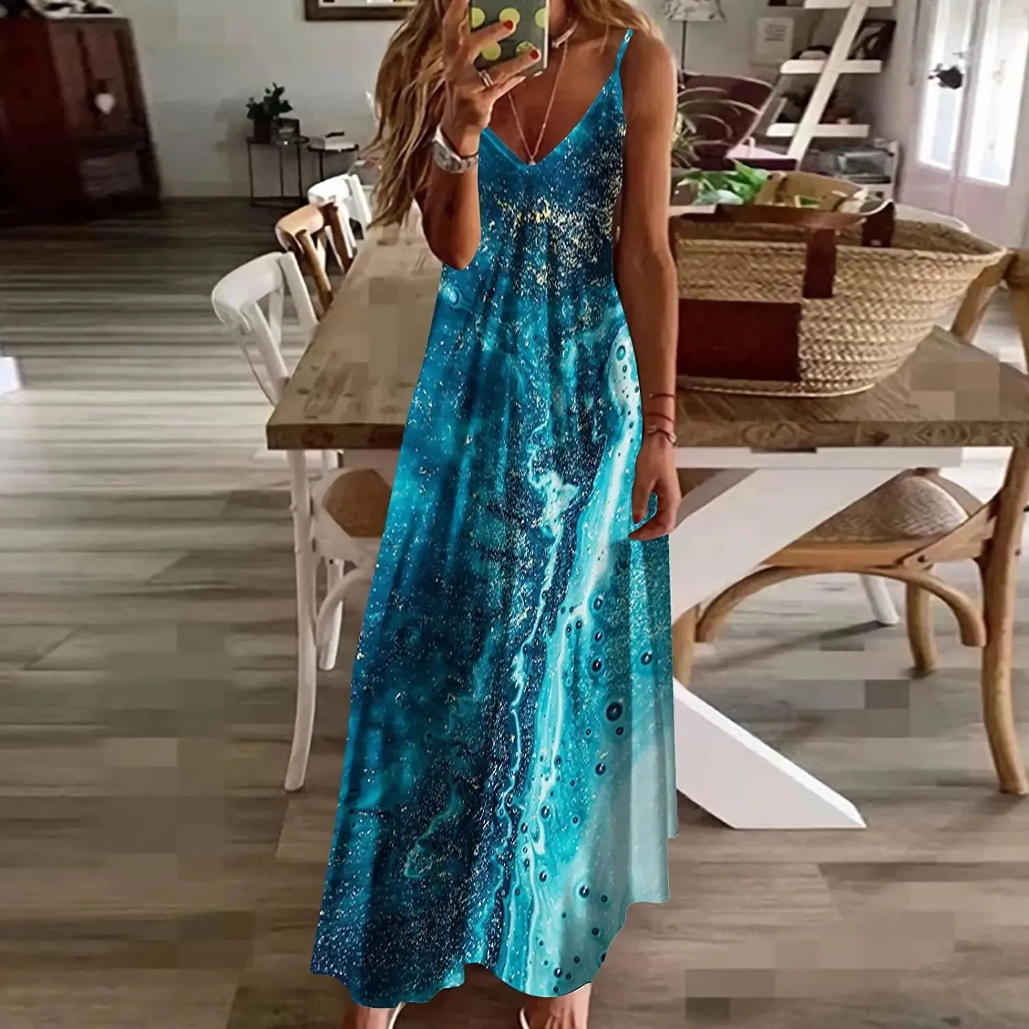 Elegant Women's Sexy Strap Dresses Flower 2023 Summer Print Loose Comfortable V-Neck Long Dress Vesido Mujer Female Robe S-5XL