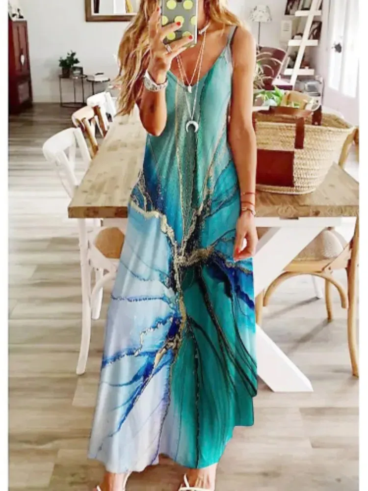 Elegant Women's Sexy Strap Dresses Flower 2023 Summer Print Loose Comfortable V-Neck Long Dress Vesido Mujer Female Robe S-5XL