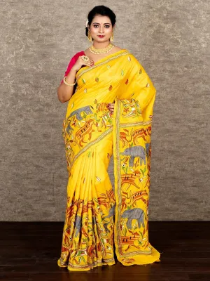 Elegant Yellow Figure Kantha Stitch Bangalore Silk Saree