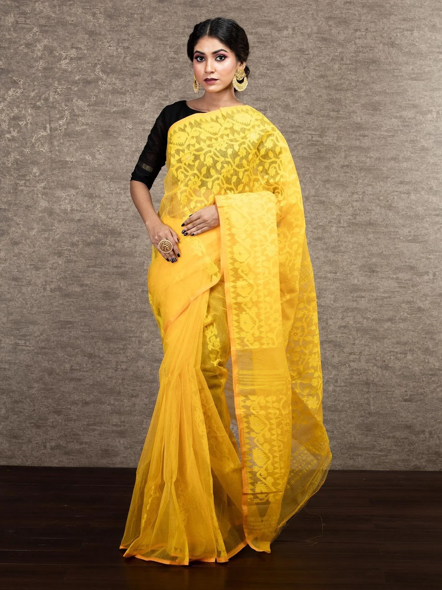 Elegant Yellow Stif Dhakai Jamdani Saree