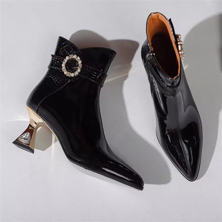 Elegant Zipper Pointed Toe Embellished High Heel Boots