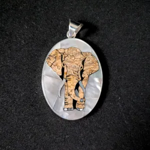 Elephant Inlay Sterling Silver Pendant with Jasper, Hammer Shell, and Mother of Pearl White Lip - 51.7x37.8mm, 17g