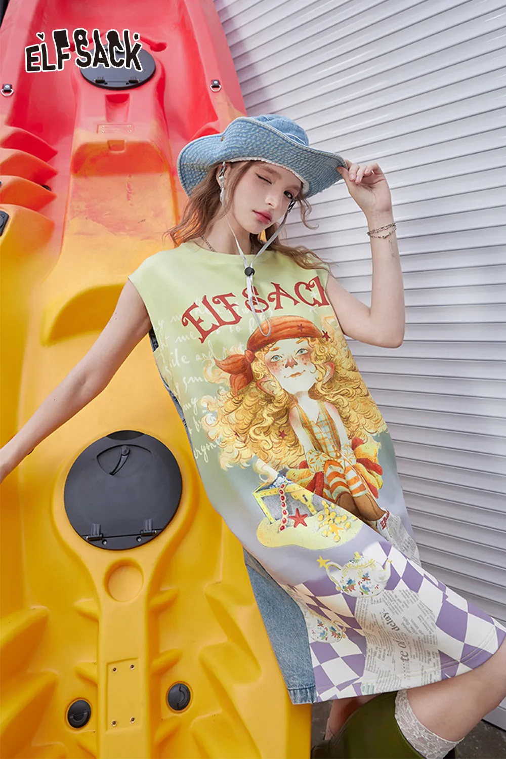 ELFSACK 2024 Summer New Arrivals Cowboy patchwork printed sleeveless dress, women's casual vest, T-shirt, skirt