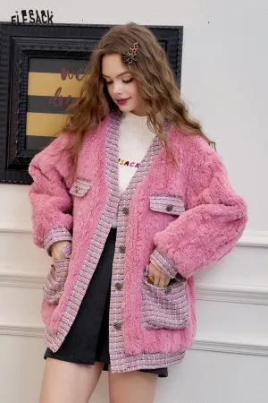 ELFSACK 2024 Winter New Arrivals Houndstooth stitching pink fluffy coat for women