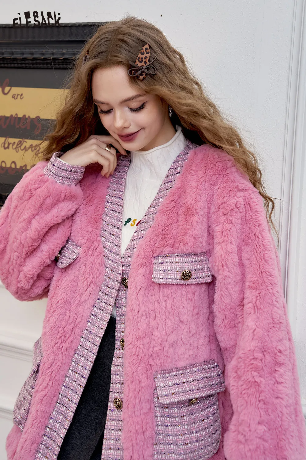 ELFSACK 2024 Winter New Arrivals Houndstooth stitching pink fluffy coat for women