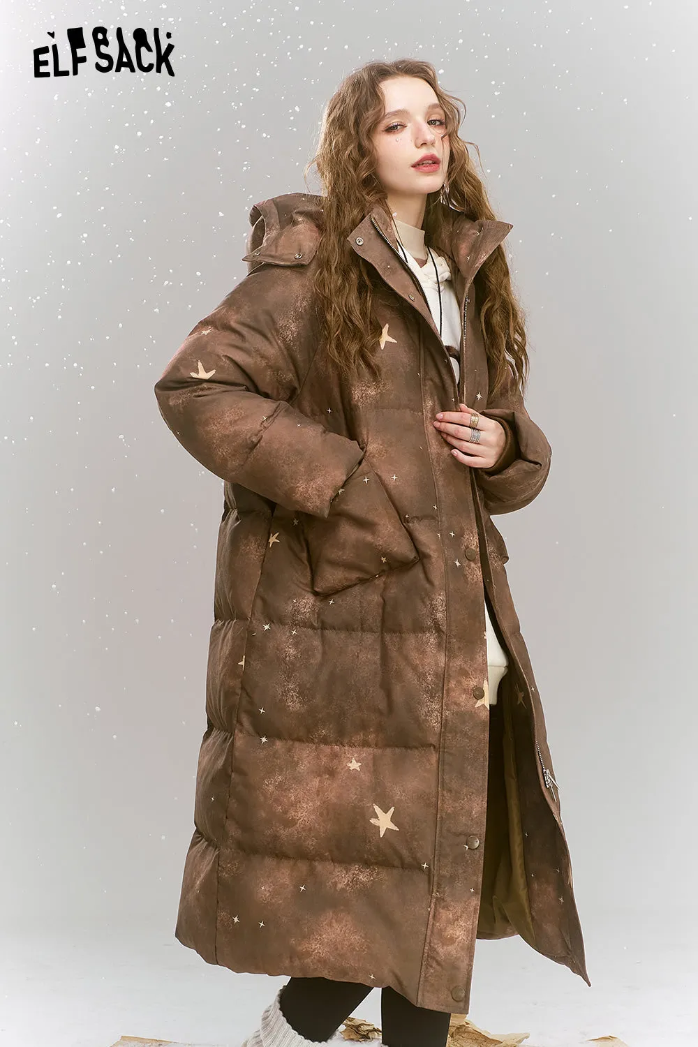 ELFSACK 2024 Winter New Arrivals Maillard retro printed short standing collar warm down jacket