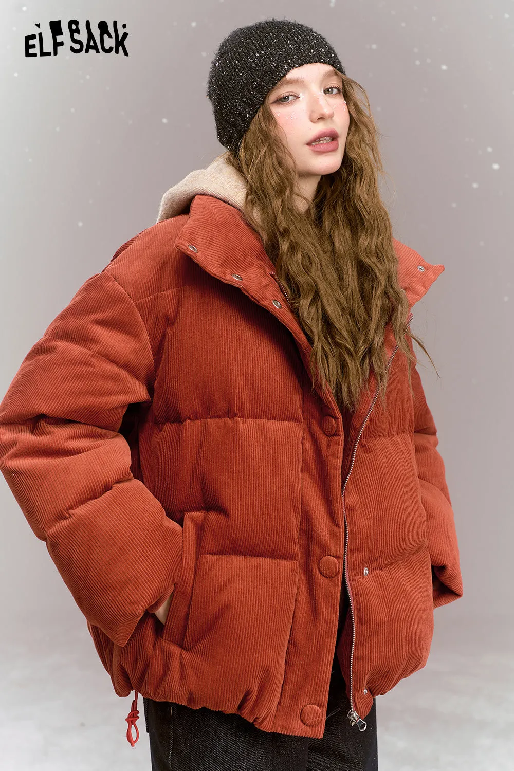 ELFSACK 2024 Winter New Arrivals Retro casual short down jacket, stand-up collar, dropped shoulders, corduroy, thick and warm