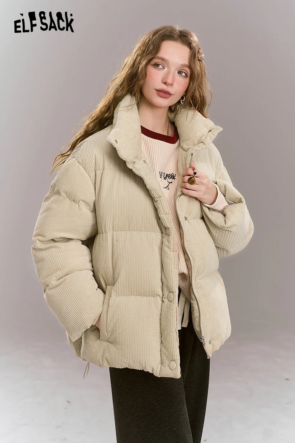 ELFSACK 2024 Winter New Arrivals Retro casual short down jacket, stand-up collar, dropped shoulders, corduroy, thick and warm