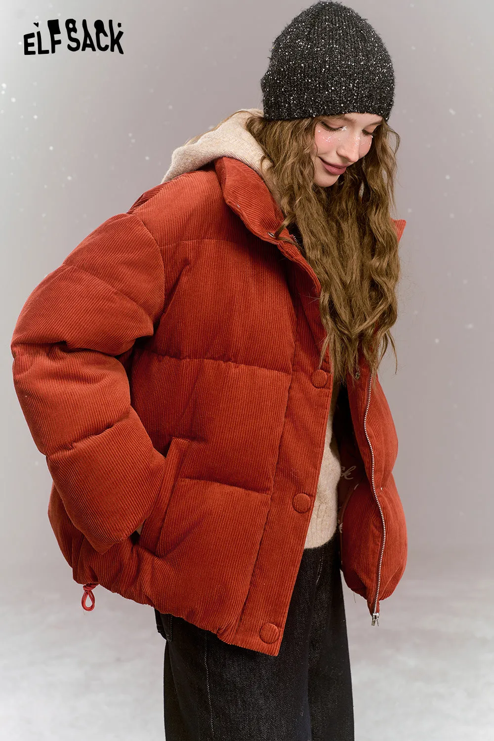 ELFSACK 2024 Winter New Arrivals Retro casual short down jacket, stand-up collar, dropped shoulders, corduroy, thick and warm