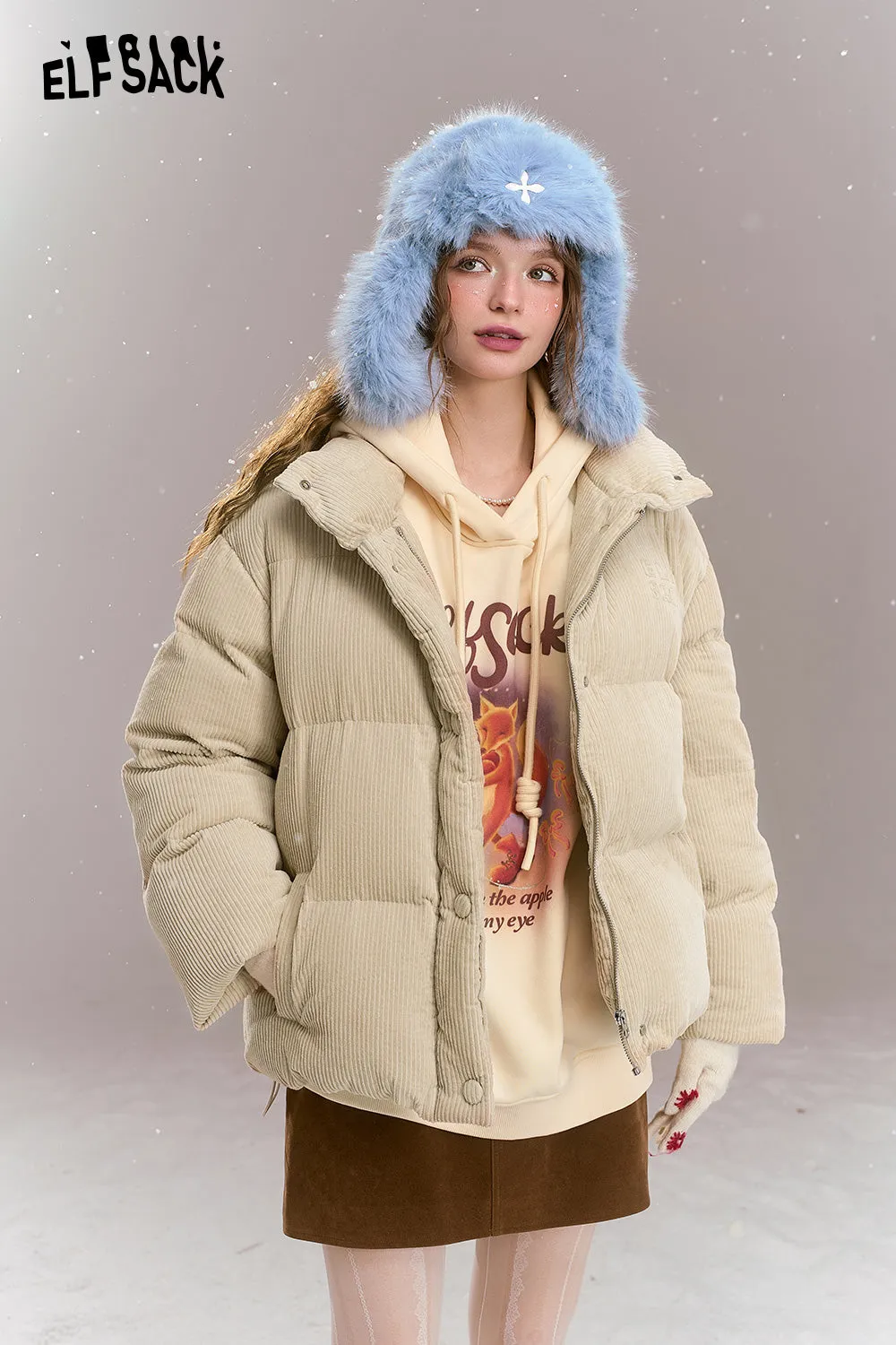 ELFSACK 2024 Winter New Arrivals Retro casual short down jacket, stand-up collar, dropped shoulders, corduroy, thick and warm