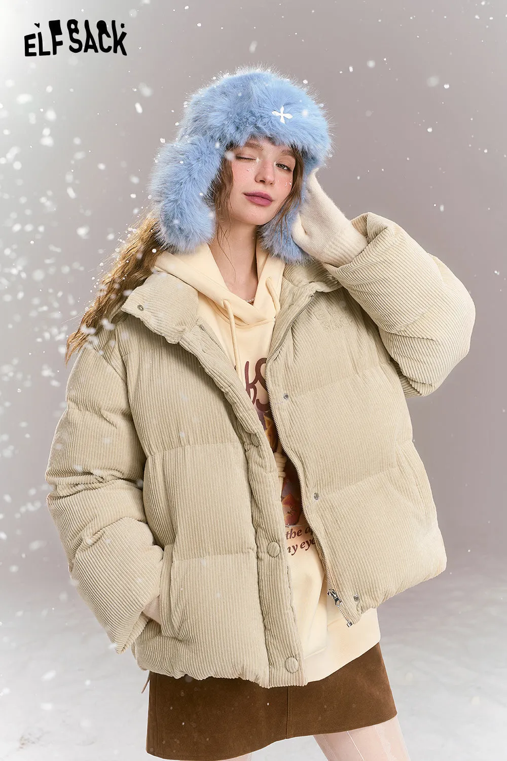 ELFSACK 2024 Winter New Arrivals Retro casual short down jacket, stand-up collar, dropped shoulders, corduroy, thick and warm