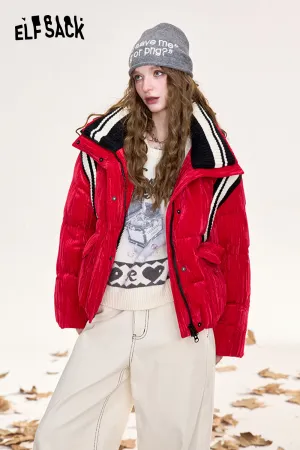 ELFSACK 2024 Winter New Arrivals Striped red contrast velvet fabric stand collar short down jacket for women