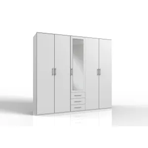 ELI 5 Doors 3 Drawers Mirrored Wardrobe White