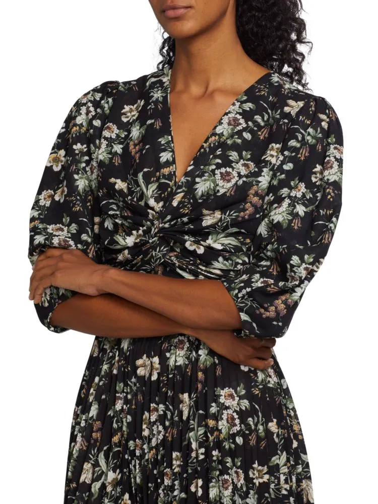 Elie Tahari Floral Twist Front Midi Dress, Black