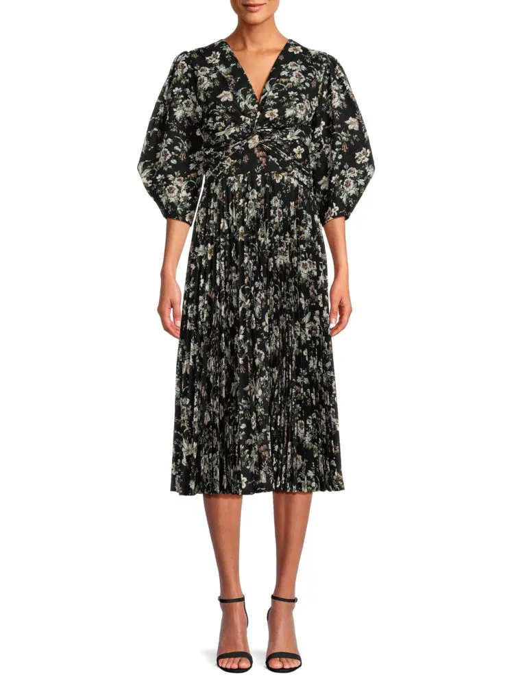 Elie Tahari Floral Twist Front Midi Dress, Black