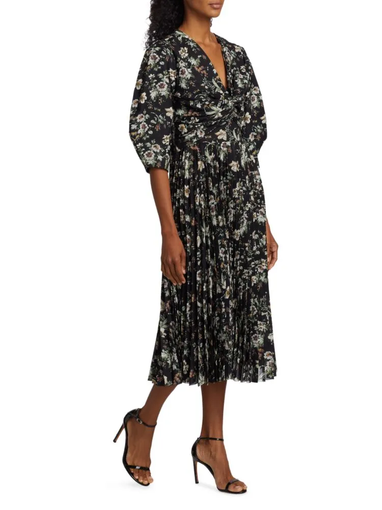 Elie Tahari Floral Twist Front Midi Dress, Black