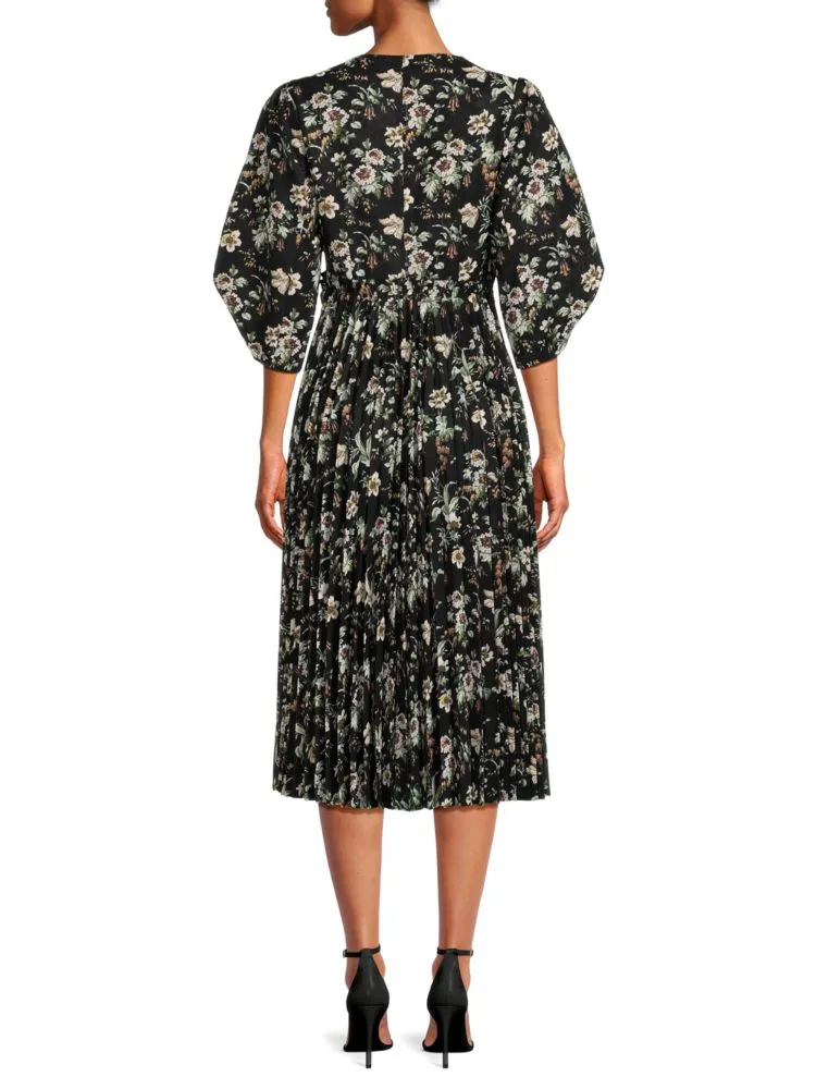 Elie Tahari Floral Twist Front Midi Dress, Black