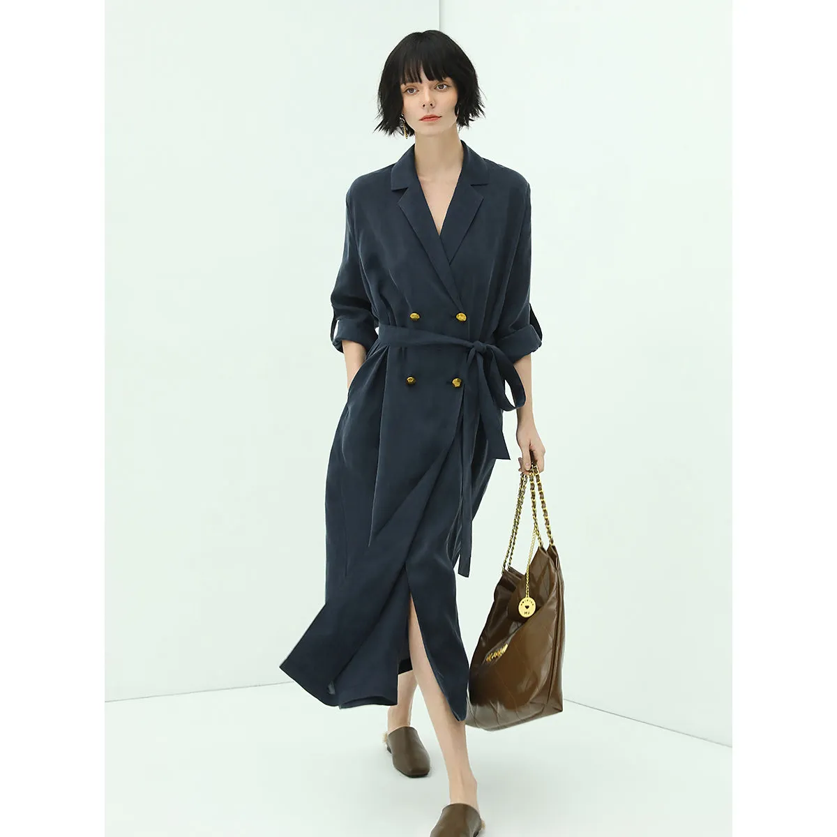 Elite Double Breasted Silk Drape Navy Blazer Dress