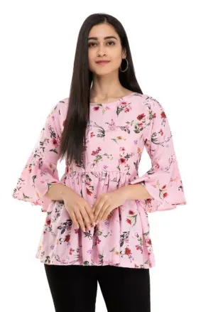 Elite Pink Printed Crepe Regular Length Tops For Women