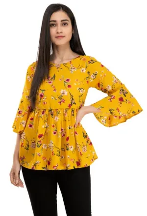 Elite Yellow Printed Crepe Regular Length Tops For Women