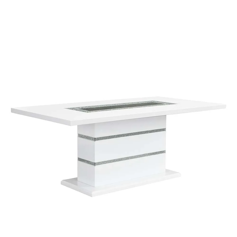 Elizaveta - Dining Table - Gray Velvet, Faux Crystal Diamonds &White High Gloss Finish