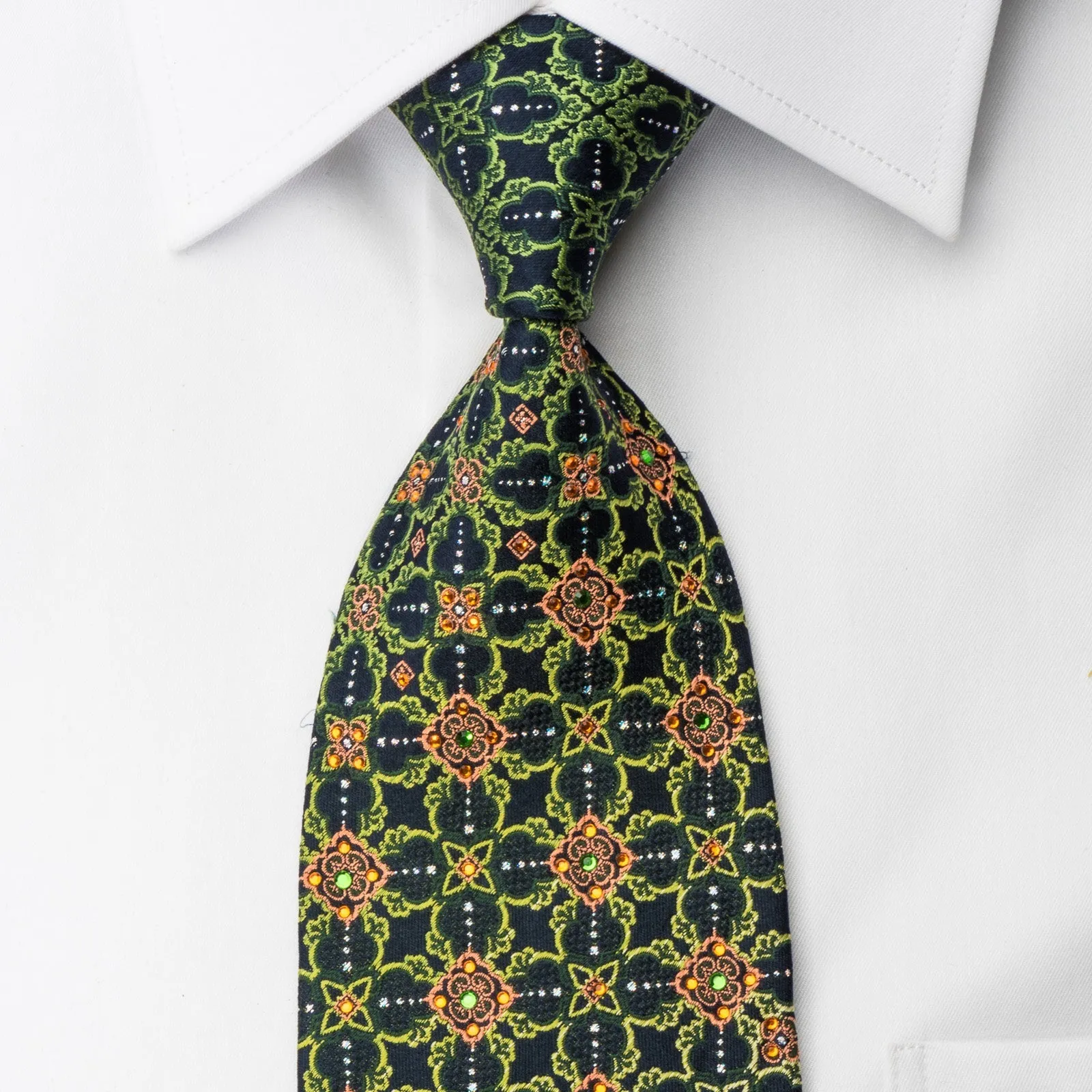 Elle Homme Rhinestone Necktie Green Marrakesh On Dark Blue With Silver Sparkles