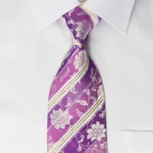 Elle Homme Rhinestone Necktie Purple White Stripes & Silver Floral