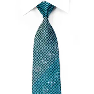 Elle Homme Rhinestone Necktie Teal Checkered On Navy With Sparkles