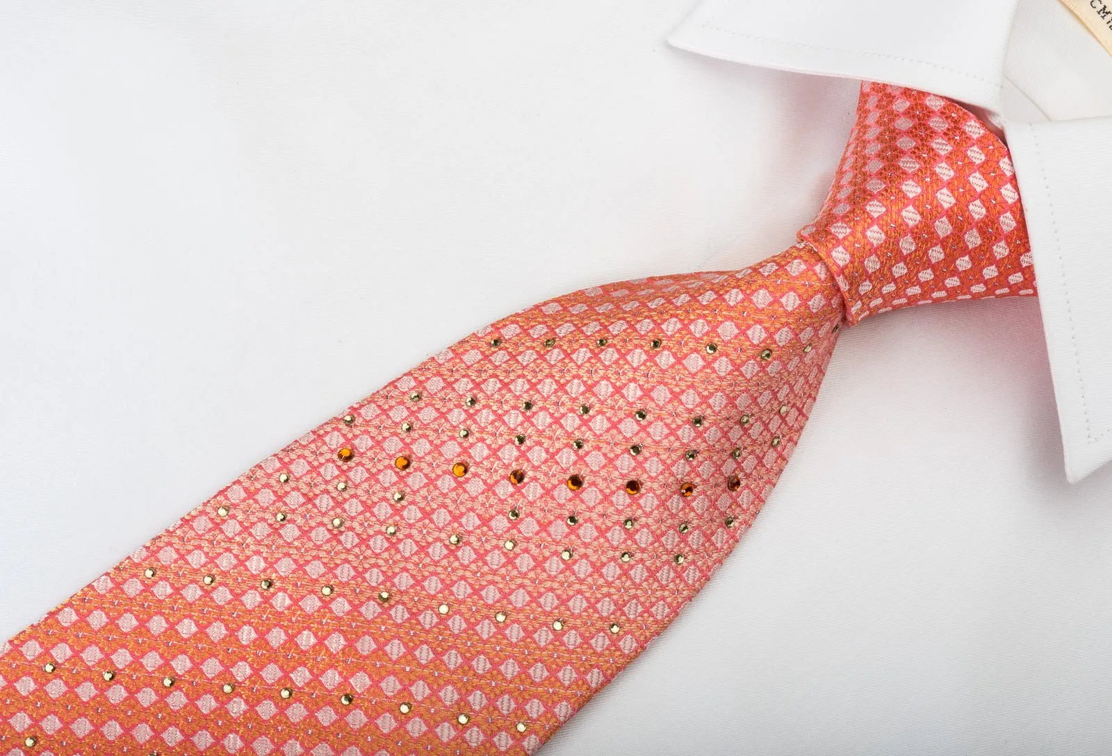 Elle Homme Rhinestone Tie Orange Checkered With Silver Sparkles