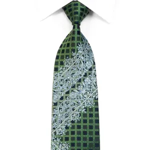 Elle Homme Rhinestone Tie Silver Cartouche On Green Navy Trellis