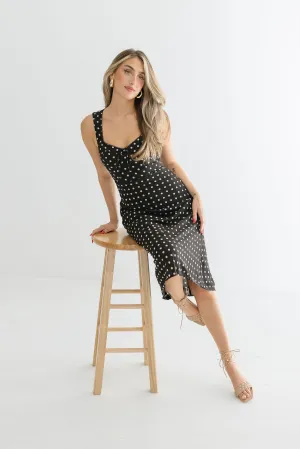 Ellen Sleeveless Bustier Polka Dot Print Midi Dress Black