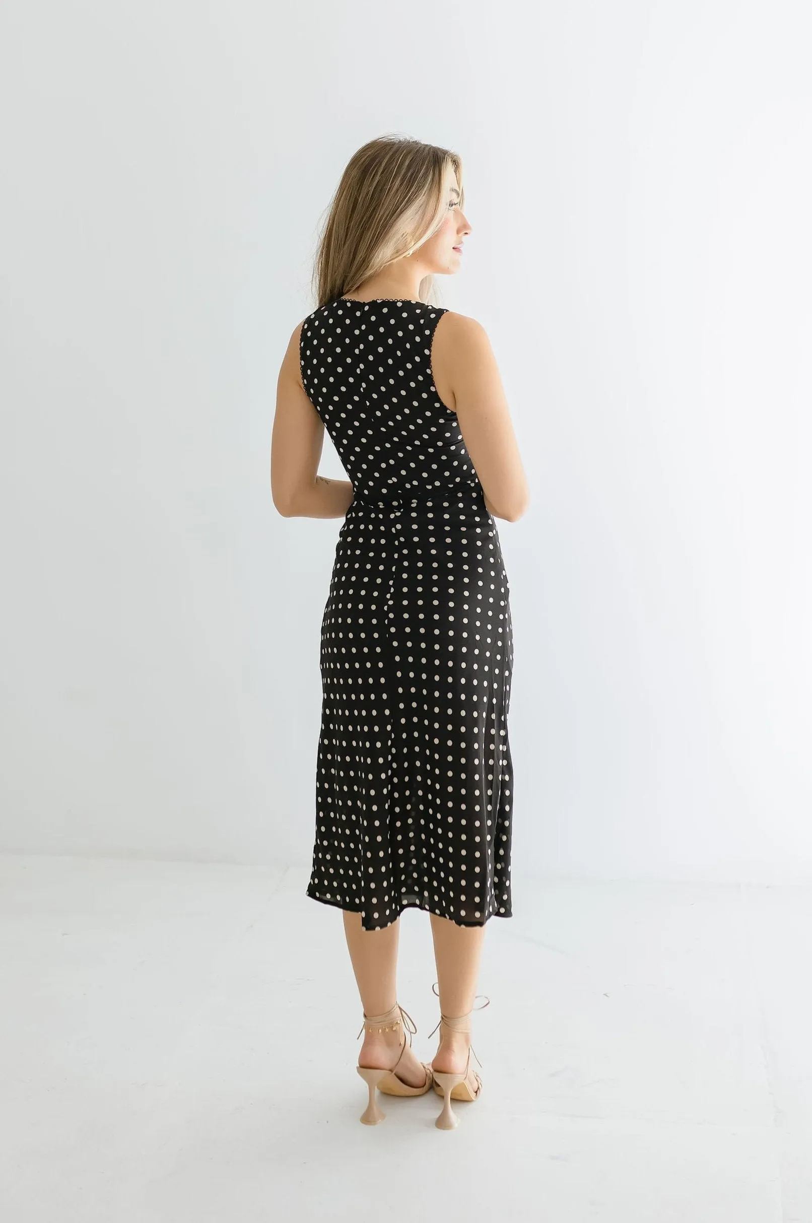 Ellen Sleeveless Bustier Polka Dot Print Midi Dress Black